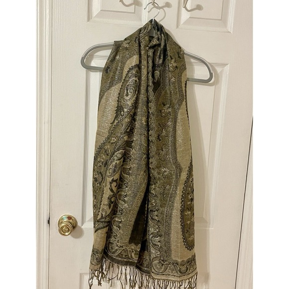 Jacquard Oblong Scarf Black Gold Metallic Paisley Symmetrical - Picture 1 of 9